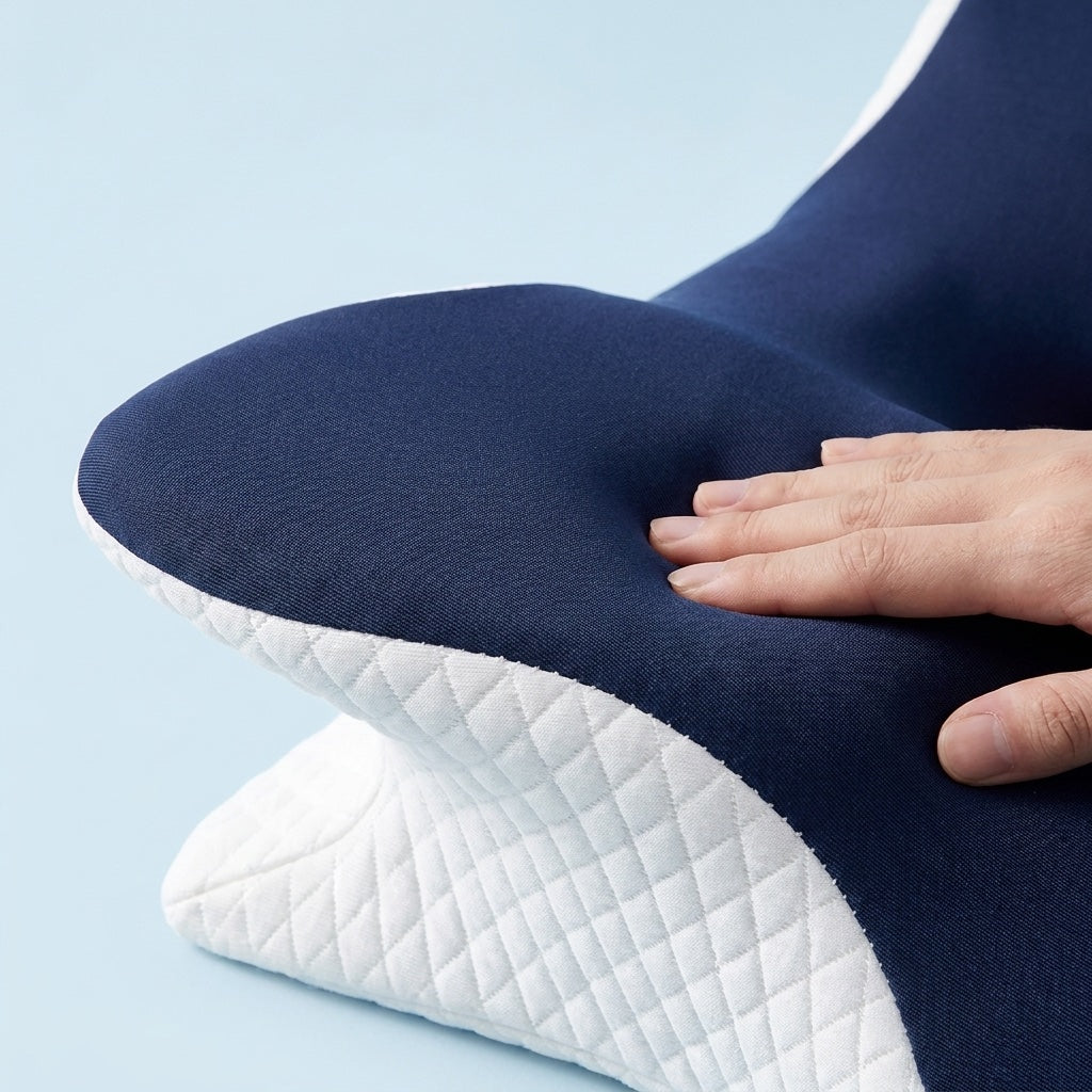 Close-up of a hand pressing into the navy foam of the Original SleepyBoy
