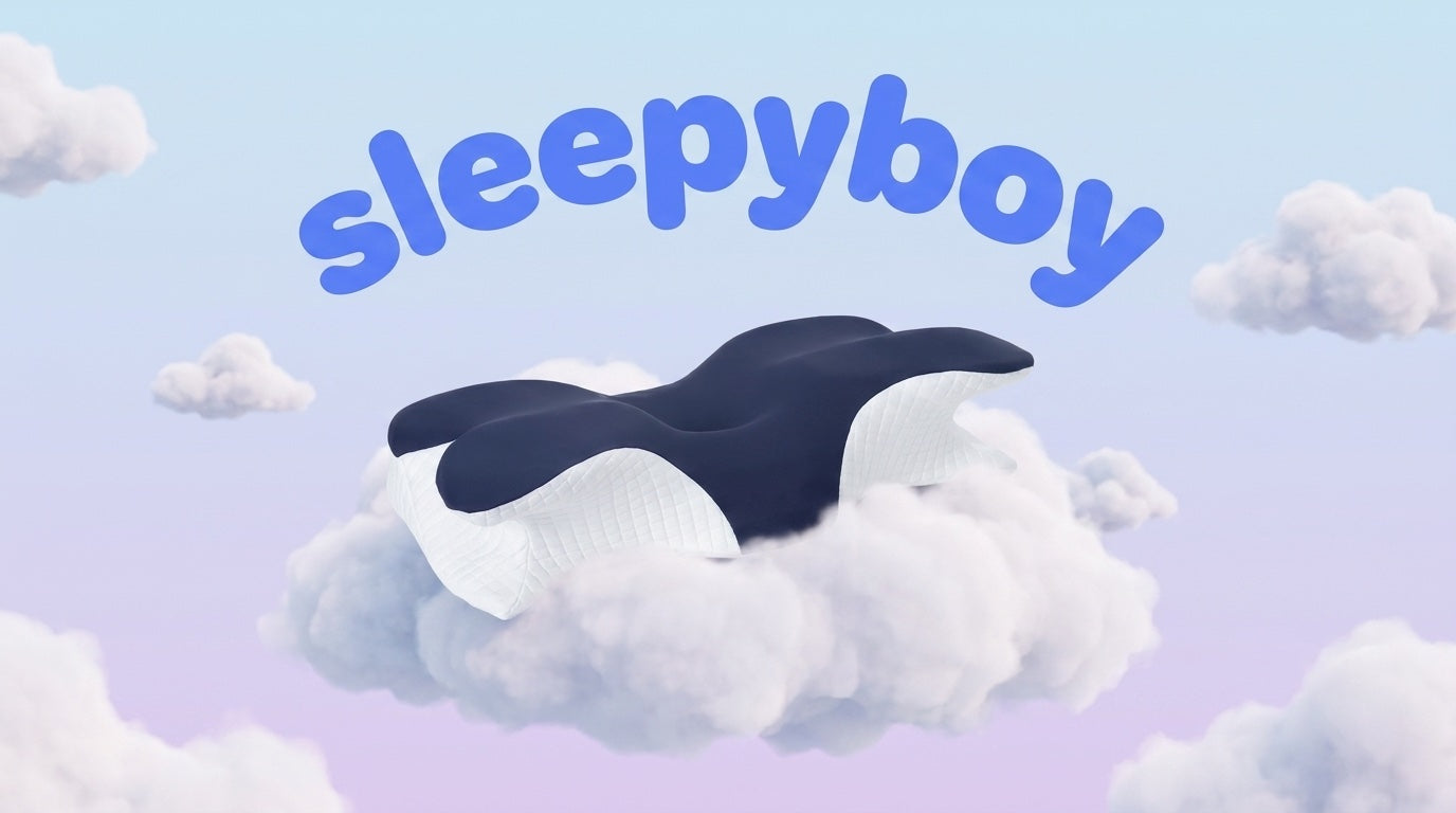 The Original SleepyBoy resting on a cloud under the sleepyboy wordmark in a pastel sky