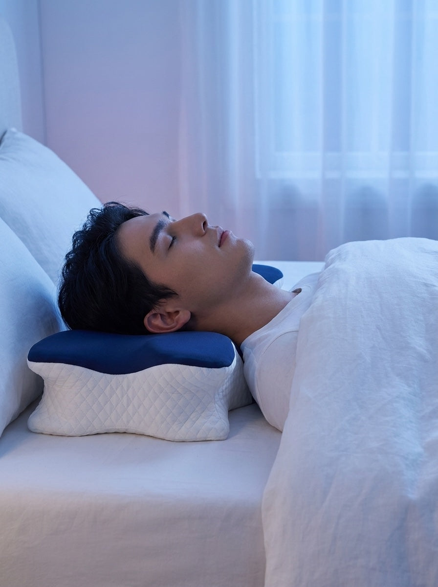 A man sleeping on his back in neutral alignment on the navy Original SleepyBoy